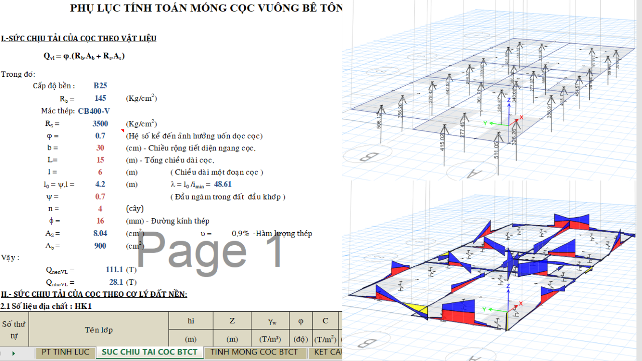 File tính toán Excel và mô hình ETABS móng cọc ép vuông TCVN 10304