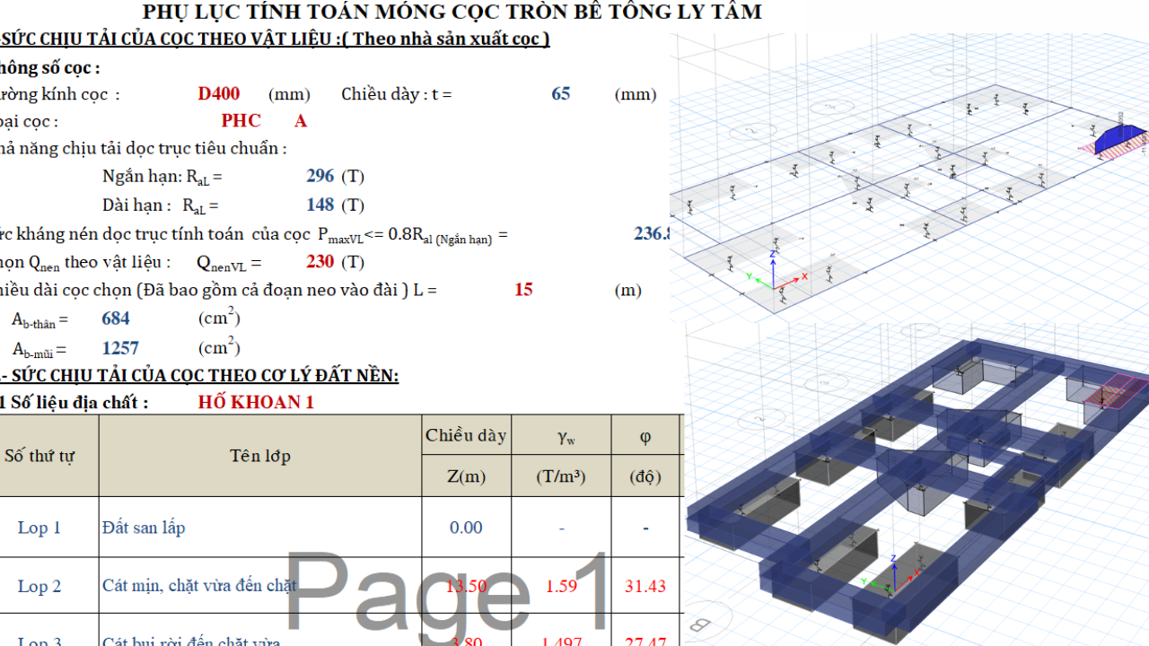 File tính toán Excel và mô hình ETABS móng cọc bê tông ly tâm