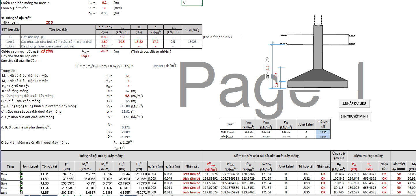 Bảng tính Excel và triển khai hồ sơ thiết kế móng nông