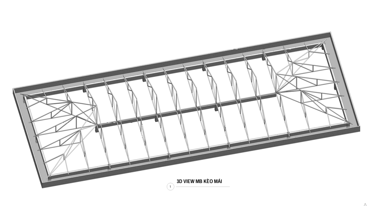Mô hình 3D mặt bằng hệ kèo mái trên Revit