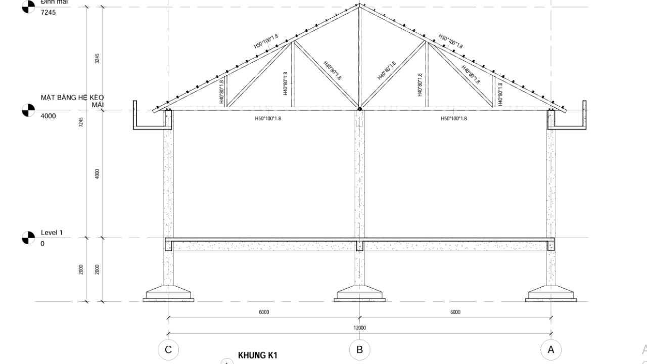Bản vẽ khung K1 hệ vì kèo mái