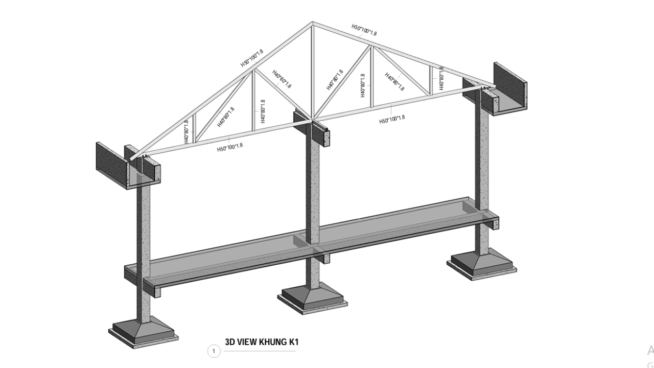 Mô hình 3D khung K1 trên Revit