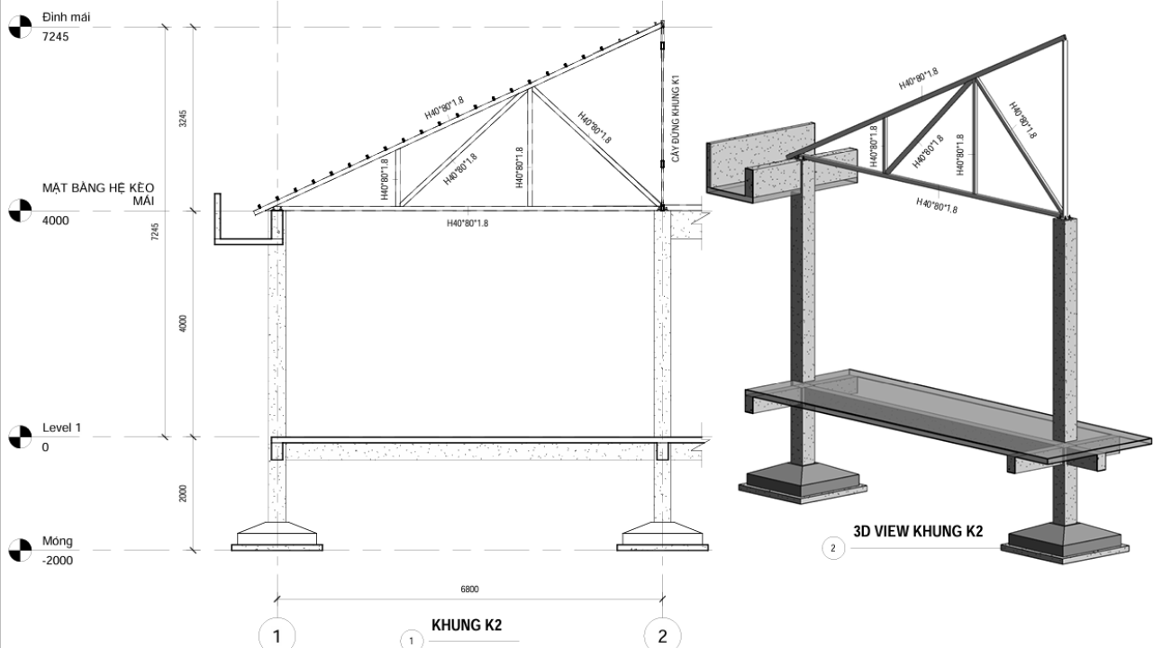 Bản vẽ và mô hình 3D khung K2 trên Revit
